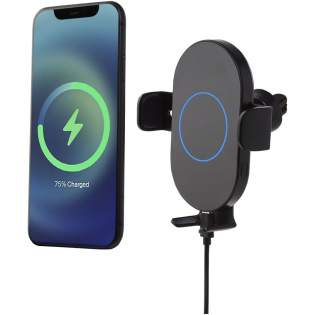 15W universal car phone holder and charger. With its FOD (Foreign Object Detection) sensor, this charger can easily be operated with one hand. Simple place the device on the charger and it will tighten automatically. Ideal for satellite navigation and for charging the phone while on the road. The phone can be placed in a vertical or horizontal position thanks to the 360° rotating clip. Compatible with all Qi devices (iPhone 8 or above and Android devices that supports wireless charging) and it also supports fast charging. Input 12V/1.67A. Wireless output: 15W (max). Comes with a 100 cm TPE Type-C cable and an instruction manual. Delivered in a premium kraft paper box with a colourful sticker.
