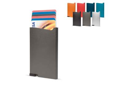 Protect your cards from RFID skimming with this sophisticated aluminum Toppoint Design cardholder. Simply push the button and retrieve up to six cards (four with embossing).