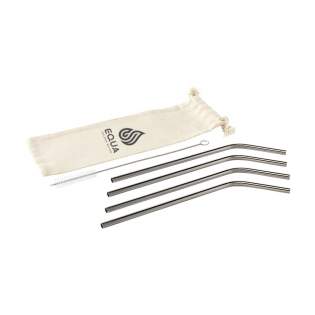 Four reusable stainless-steel straws. An ecologically responsible alternative to plastic straws. Set includes stainless steel nylon cleaning brush and canvas pouch. Perfect for cold drinks such as smoothies or cocktails. It also adds a visually pleasing touch to any drink.
