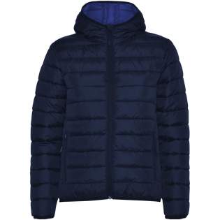 Women's feather touch quilted jacket with fitted hood. Inverted zips with matching chin protector. Two front pockets with zip. Matching elastic trim in cuffs, hem and hood. Contrasting inner lining. Stow carry bag included. Light and foldable garment. Fitted-cut. Water resistant. Wind-proof model.