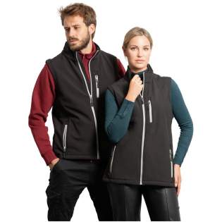 2-layer softshell gillet. Contrasting inverted sealed effect zip with chin protector and puller. Three pockets with combined zip with puller. Elastic drawcord and fasteners on the bottom hem. Water resistant. Wind-proof model. The model is 184 cm and is wearing size L.