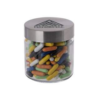 Glass jar 0,35 liter with stainless steel lid, filled with liquorice sticks