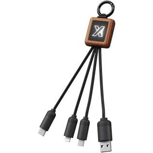 3-in-1 wooden cable with light-up logo and 3 connectors (Type-C/micro USB/iPhone), and cords made of Recycled PET plastic. The cable can charge up to 3 devices at the same time. Patent EUROPE EUIPO.