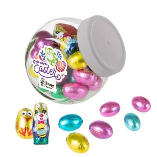 Small glass jar 0.4 liter with white lid, with a full color sticker on both sides and filled with approximately 200 grams of chocolate Easter mix