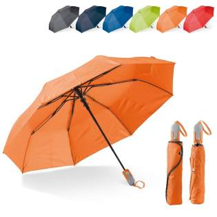 Beau parapluie pliable avec manche et poignée au design ergonomique. Les nervures du cadre sont en fibre de verre pour une durabilité accrue. Le cadre noir contraste agréablement avec le baldaquin coloré.