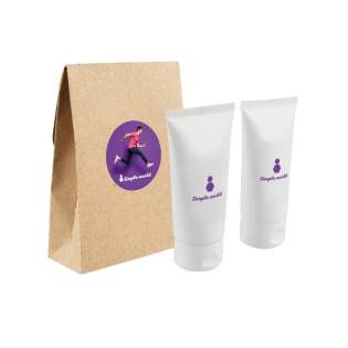 50 ml sunscreen SPF 30 and 50 ml after sun, in a kraft pouch. 50 ml sunscreen SPF 30 and 50 ml after sun, in a kraft pouch.