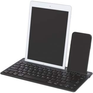 Compact QWERTY keyboard with 78 keys. Bluetooth® 3.0 with dual channel support so that it can connect with two devices simultaneously. Integrated docking stand for a phone and tablet. The keyboard is compatible with PC/laptop, tablets, mobile phones, smart TVs and other devices with Bluetooth® function. The operating distance is up to 10 meters. The 150mAh built-in rechargable battery provides at least 40 hours of usage, or up to 6 months on standby. Charging takes approximately 3 hours. Delivered in a premium kraft paper box with a colourful sticker.