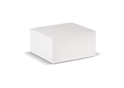 Kubusblok met wit papier. Enkelbladsbedrukking mogelijk. Circa 420 houtvrije vellen van 90g/m². Wordt per stuk geseald.