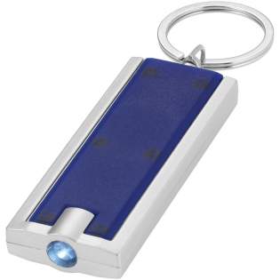 Bright white LED key light with push button. Split metal key ring. Batteries included.
