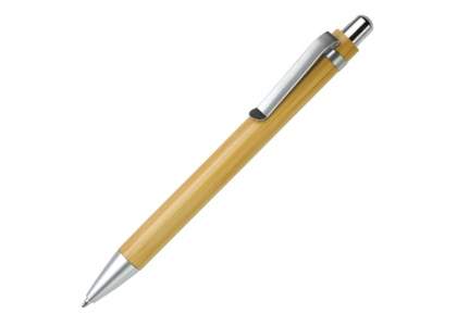 Balpen van bamboe materiaal met metalen clip en gemetaliseerde drukker en punt. De pen bevat een blauwschrijvende Jumbo vulling.