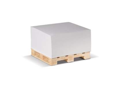Zettelblock mit weißem Papier auf einer Holzpalette. Ideal für zu Hause oder im Büro. Einzelblattdruck möglich. Ca. 420 holzfreie Blätter. Einzeln eingeschweißt. 90g/m².