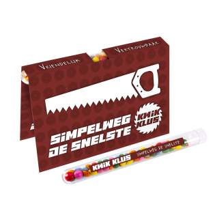 Full colour bedrukte kaart inclusief een full colour bedrukt reageerbuisje met ca. 13 gram mini choco's (artikel 1705)
