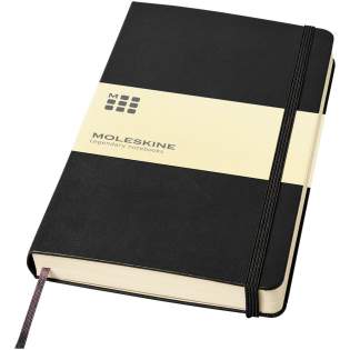 The expanded version of the Moleskine Classic notebook has 400 ruled pages and 2 ribbon bookmarks. Features are hard cover (13x21cm), rounded corners, expandable inner pocket, and elastic closure. On the first page there is a 'in case of loss' notice with space to jot down a reward or a message for the finder.