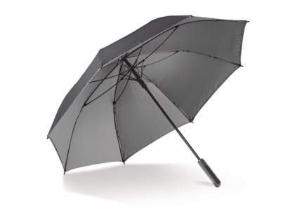 Grote paraplu met volledig glasvezel frame. Het dubbel uitgevoerde doek in combinatie met de carbon accenten, geeft deze paraplu een zeer luxe uitstraling. Deze paraplu is windproof en gemaakt van Pongee polyester.