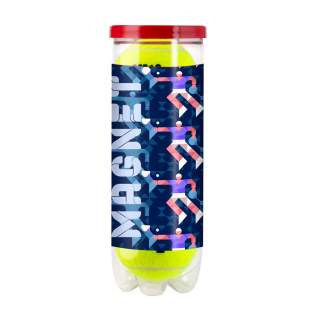 3 gas-filled tennis balls packaged in a transparent tube with a label all around. ITF-approved