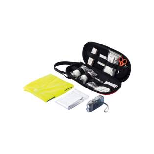 EVA case with reflective vest, dynamo torch, silver emergency blanket, triangular bandage, PBT bandages, alcohol pads, antiseptic swabs, cleansing towelettes, non-woven swabs, tape, plasters, pins and plastic scissors all conform EN13485:2003.