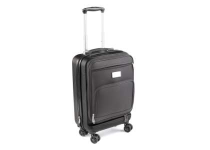 Une valise de voyage avec une double fermeture éclair. Equipée de 4 roues pivotantes et une plaque métallique pour votre logo. Emballage en boîte individuelle.