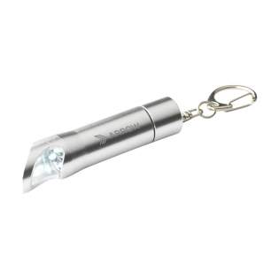 Porte-clés lampe torche en aluminium avec 3 lampes LED à forte lumière blanche et décapsuleur. Avec mousqueton. Inclus : piles bouton. Par pièce dans une boîte.