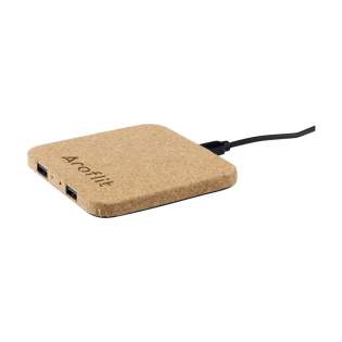 10W Wireless charger made from natural cork. Features an indicator light. Compatible with all QI devices such as the latest generation of Android, iPhone 8 and above. Input: 5V/2A. Output: 5/2A-10W. Includes a PVC-free micro-USB cable (TPE) and user manual. Each item is supplied in an individual brown cardboard box.