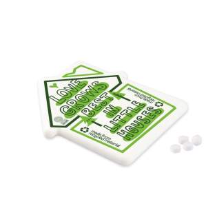Recycled white mint dispenser in the shape of a house, filled with approx. 8 grams of sugar-free peppermints, without Aspartame Recycled white mint dispenser in the shape of a house, filled with approx. 8 grams of sugar-free peppermints, without Aspartame