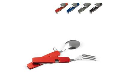 Outdoor cutlery set and multi-tool. Compact, handy and easy to use. This tool includes a knife, fork, spoon and bottle opener.