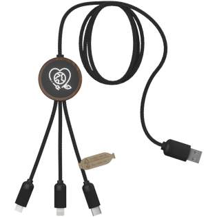3-in-1 recycled PET light-up logo extended charging cable with round bamboo casing. The light-up logo is visible on both sides. Features 3 connectors (type C, micro USB, iPhone) and a dual USB connector for universal use. Delivered in a TPU pouch with a kraft paper card. Cable length: 1 metre. Includes 3 year warranty.