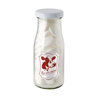 Milchflasche gefüllt mit ca. 90 Gramm Imperial Pfefferminz mit 4c-Euroskala Aufkleber auf der Vorderseite