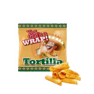 Mini bag containing approx. 10 grams of Tortilla rolls in white foil with all-over full color printing Mini bag containing approx. 10 grams of Tortilla rolls in white foil with all-over full color printing