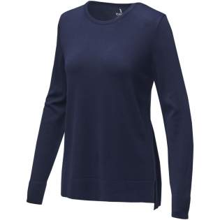 The Merrit women's crewneck pullover – a fusion of timeless style and comfort. Its classic crew neck is complemented by flat knit rib details on the collar, cuffs, and bottom hem, providing a sophisticated charm suitable for any occasion. Made from viscose and nylon blend in a 12-gauge flat knit, it offers a blend of softness, durability, and a lightweight feel. Elevate your wardrobe with the versatile Merrit pullover that embodies elegance and quality. This pullover is designed with a fitted shape for a feminine look. 