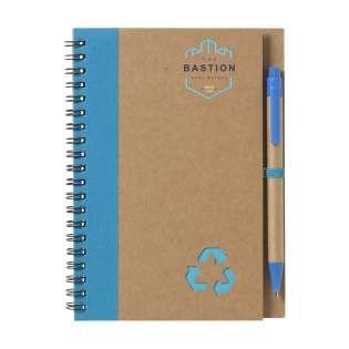 Environmentally friendly notebook made from recycled material with approx. 70 sheets/140 pages of cream, lined paper (70 g/m²), cardboard cover and strong spiral bound. Incl. blue ink ballpoint.