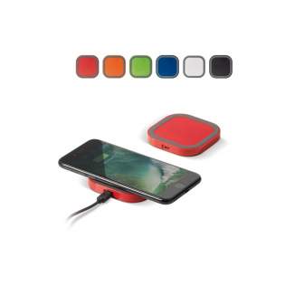 5-Watt wireless charging pad. Flat, small and colourful with a silicone edge that prevents the phone from sliding off. Comes packaged in a gift box.