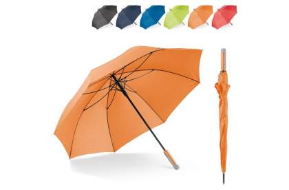 Grote paraplu van Pongee polyester met windproof glasvezel frame. Het gerafineerde kleurenspel tussen doek en het ergonomisch ontworpen handvat, geven deze paraplu een strakke uitstraling.