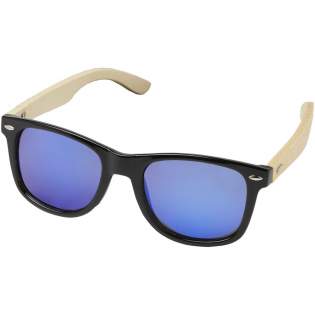 The Taiyō rPET/Bamboo sunglasses are produced with sustainable materials with highest quality standards. The high end finished frame is polished and painted and is made from recycled PET plastic. The temples with a light and comfortable fit are made from bamboo which is from sustainable, environmentally and socially responsible sources. The lenses are blue mirrored and are polarized which eliminates reflecting sunlight which makes it ideal for driving a car and during any sunny summer and winter outdoor activities. This eyewear conforms to EN ISO 12312-1, has UV400 lenses which are rated as Category 3. Delivered with a cleaning cloth made from recycled PET plastic (15 x 15 cm) and packed in a recycled cardboard gift box (16.5 x 6 x 4 cm). Laser engraving is recommended as a sustainable decoration option.