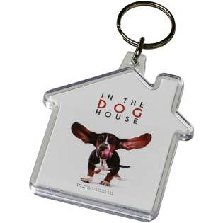 Clear house-shaped keychain with metal split keyring. The metal looped ring offers a flat profile which is ideal for mailings. Print insert dimensions: 5,9 cm x 5,6 cm.