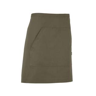 Korte heupschort met tailleband. Voorzak in het midden opgesplitst. Decoratiestiksels<br />in kleur van keperstof, denimschort heeft gele stiksels.
