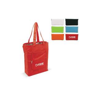 Foldable portable cool bag. Bag can be folded into a small pouch and closed by zipper. Additional compartment on the side.