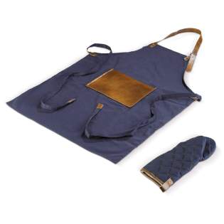 Trendy apron in heavy quality material with a PU front pocket and a matching mitt. A perfect item for the grill masters among us. Comes packaged in a gift box. Trendy apron in heavy quality material with a PU front pocket and a matching mitt. A perfect item for the grill masters among us. Comes packaged in a gift box.