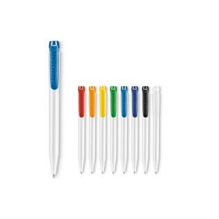 Pens are one of the worst culprits for spreading germs. Certified by ISO 22196 norm. It is the promotional pen for companies in the medical and paramedical industry, and it is also highly suitable for schools, public places, hospitals, and bars. This IProtect pen comes with a white body and coloured clip. Including a X20 refill with blue writing ink. The pen has a pusher mechanism and is made of ABS with zinc ions, made in Europe.