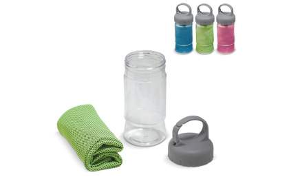 This quick dry workout towel is 300x900mm. Good item to use as a sweat towel or to clean dirt from body or fitness equipment during or after outdoor sport activities. Nicely packed in a bottle. Imprint on the bottle. Towel is not brandable.