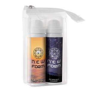 50 ml sunscreen spray spf30 and 50 ml after-sun mousse in a toiletry bag with zipper, produced in the Netherlands.