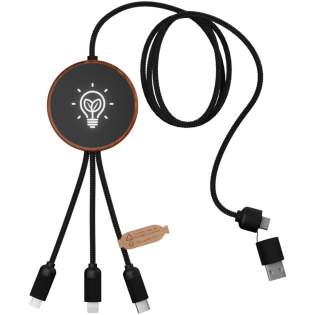 5-in-1 recycled PET light-up logo charging cable and 10W bamboo charging pad. Features 3 connectors (type C, micro USB, iPhone) and a dual USB connector for universal use. Delivered in a TPU pouch with a kraft paper card. Cable length: 1 metre. Includes 3 year warranty.