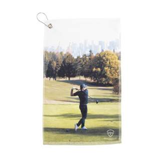 Golf towel including your own unique full colour print. Made from 40% microfibre and 60% cotton (400 g/m²). This quality golf towel features an eyelet with carabiner so that you can clip to your golf bag for easy access during your round of golf. This towel is lightweight and absorbs moisture quickly.  Each piece packed in cellophane.