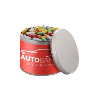 Round tin 0,6 liter with full colour printed label, filled with sweets