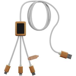 3-in-1 recycled PET light-up logo charging cable with squared casing made from bamboo and recycled ABS plastic. The light-up logo is visible on both sides. Features 3 connectors (type-C, Micro USB, iPhone). Up to three devices can be charged simultaneously thanks to a 2A fast charge output. Delivered in a cotton pouch (20x8cm) with a kraft paper card. Cable length: 1 meter. Includes 3 year warranty.
