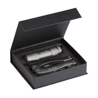 Functional and complete gift set: 9-piece stainless steel multi tool with 12 functions (tongs, wire stripper, saw, 2 screwdrivers, can opener, cap lifter, file, knife, phillips screwdriver, fish scraper, hook removal tool) and aluminium handle and metallic look. Aluminium flashlight (Ø 2.7 x 9 cm) with 9 bright white energy-efficient LED lights and detachable loop. Batteries incl. Each set in box.