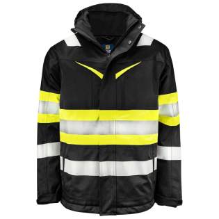 • wind- en waterdicht, rip-stop materiaal<br />• gewatteerde voering<br />• getapete naden<br />• 2-wegritssluiting aan de voorzijde die bedekt is met een flap. Deze stormflap kan afgesloten worden met drukknopen<br />• borstzak aan beide zijden met ritssluiting. Linker borstzak met lus voor badghouder<br />• zijzakken met ritssluiting<br />• 2 binnenzakken met ritssluiting. Linker binnenzak een extra open zak met velcro sluiting<br />• afneembare en aanpasbare capuchon met trekkoord<br />• aanpasbare manchetten met velcro<br />• windvangers in de mouwen met duimgrip<br />• aanpasbare taille met trekkoord                                                                                       <br />• drukkersritssluiting