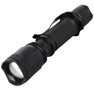 Never run out of battery with this rechargeable high power tactical aluminium flashlight. The solid black aluminium alloy casing offers a tactical look, with an impact resistance of 1 metre. The flashlight features a belt clip for easy carrying, and it is splash-proof with a IPX4 rating. The 5W LED generates 300 lumen for up to 3 hours, and has a beam distance of 200 meters with 5 different light modes: high, medium, low, strobe and SOS. The high power comes from a built-in lithium battery with a capacity of 2000mAh. The flashlight has a size of 14.5 x 3.4 cm and only weighs 170 gram. Comes with an instruction manual and is packed in a recycled cardboard gift box with a size of 17.5 x 6 x 4 cm. Laser engraving on the aluminium body is recommended.
