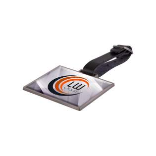 Metal bag tag with a faux-leather strap. Provided with a doming