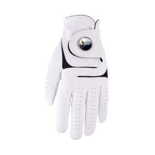Cabretta-leather golf glove with a magnetic ball marker with doming