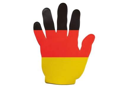 Grote evenementenhand in de kleuren van de Duitse vlag met een aanzienlijk bedrukkingsoppervlak. Het unieke formaat van deze hand zorgt voor een opvallende verschijning. 